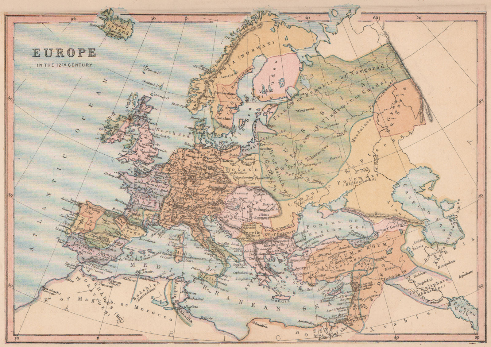 12TH CENTURY EUROPE.Divided Ireland.Holy Roman Empire Seljuks Almohades 1880 map